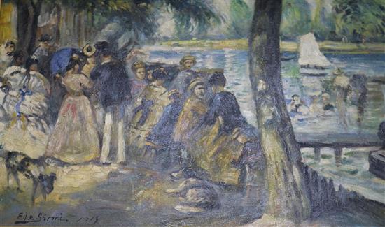 E. Le Sironi, oil on canvas board, figures beside a river, bears signature and dates 1913, 34 x 56cm